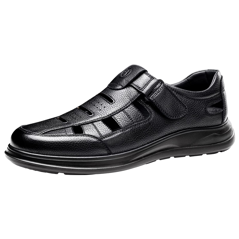 LAORENTOU Men's Genuine Leather Summer Breathable Hollow Business Casual Closed-Toe Sandals LL177 Black Size 43