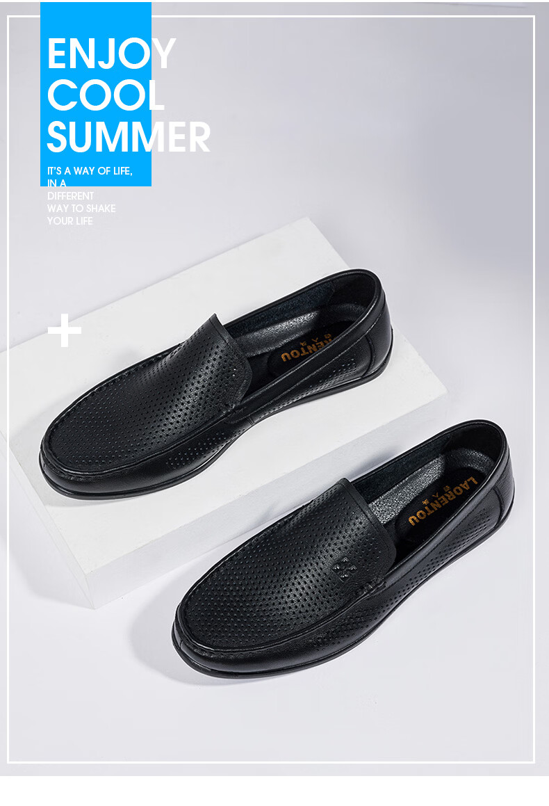 LAORENTOU Men's Leather Shoes, Business Casual Shoes, Top-Grain Cowhide Slip-Ons, Wear-Resistant Breathable Sandals, Men's Hollow Breathable Shoes, Perforated Shoes LL13190 Black 44 2