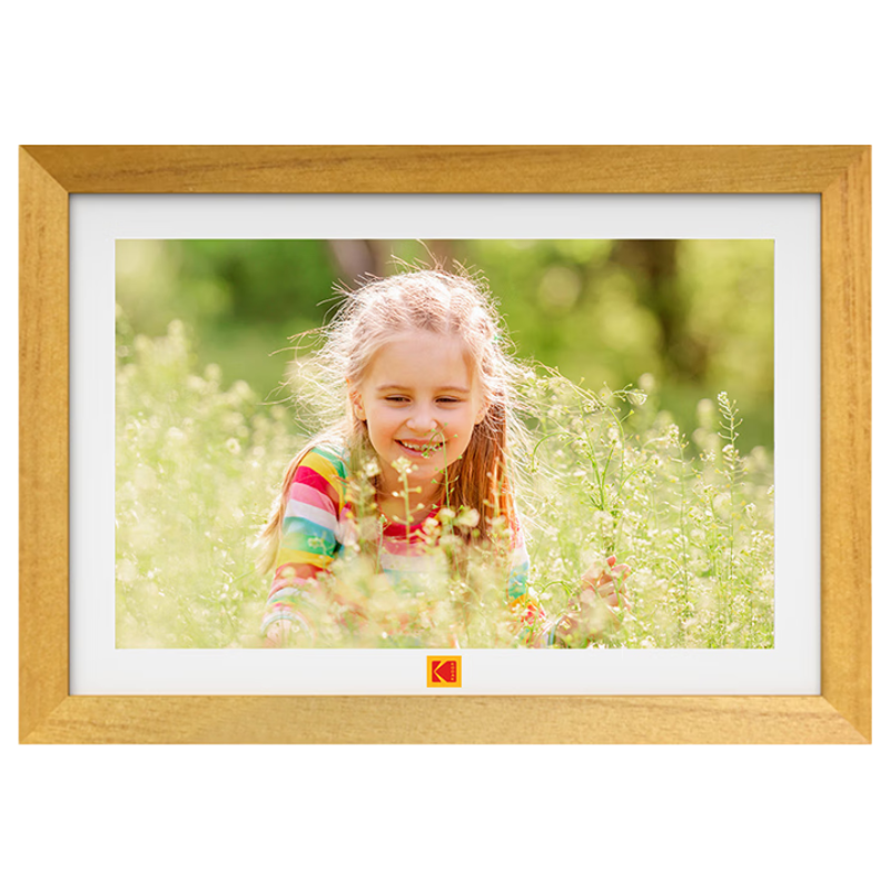 KODAK 1013F Digital Photo Frame 10.1-inch HD Smart Touchscreen Remote Photo and Video Player Rechargeable/Plug-in Wood Color
