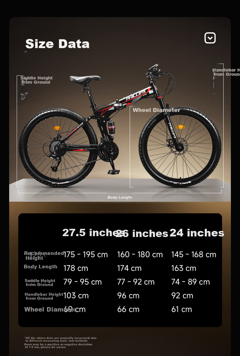 PHILLIPS Folding Mountain Bike Adult Men Women Racing 26-inch 24-Speed Commuter Bicycle Black Gray 7