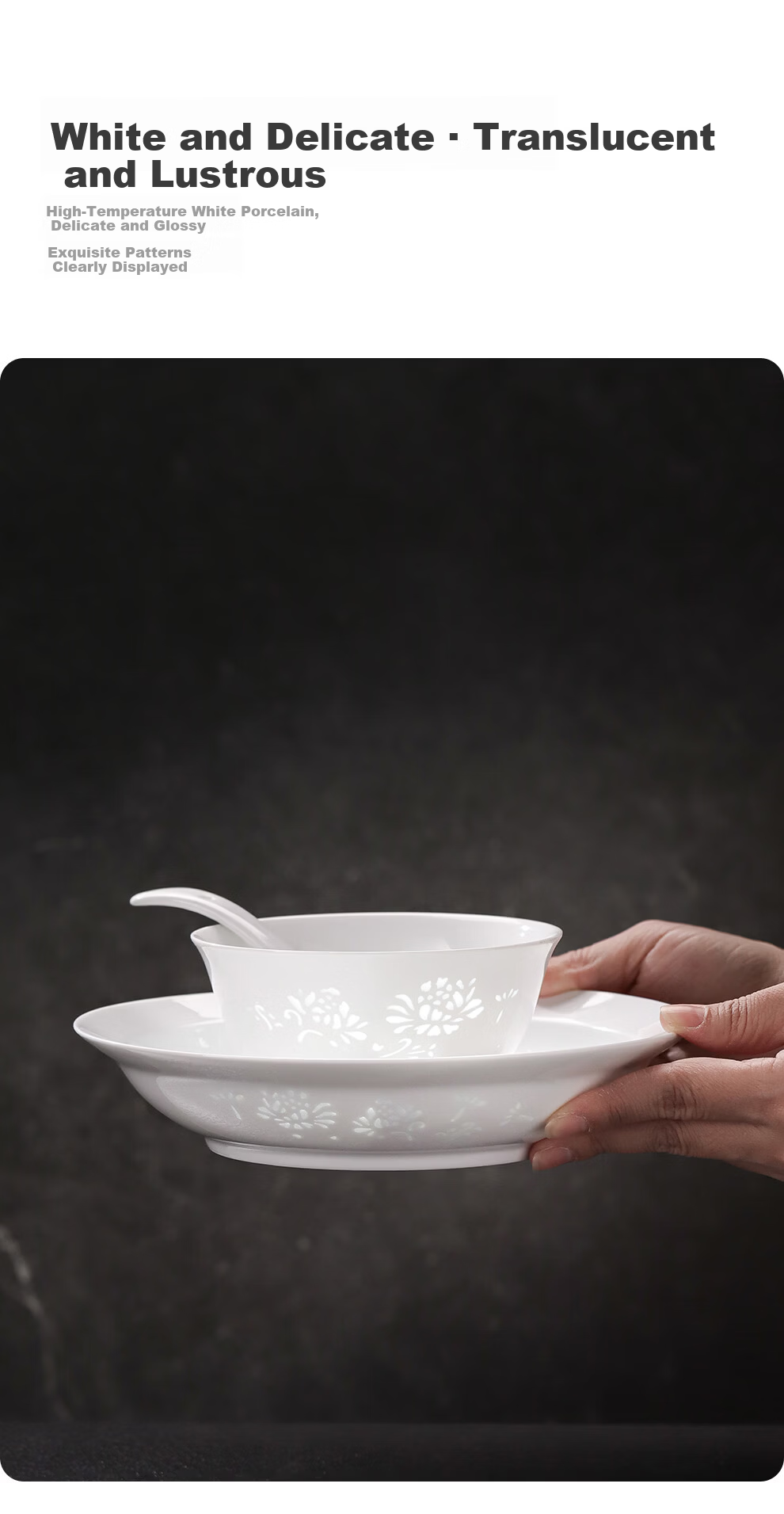 JDZ Ceramic Tableware Set Intangible Cultural Heritage Exquisite White Porcelain Bowls and Plates Complete Chinese Style Home High-End Housewarming Gift Blooming Flowers 11