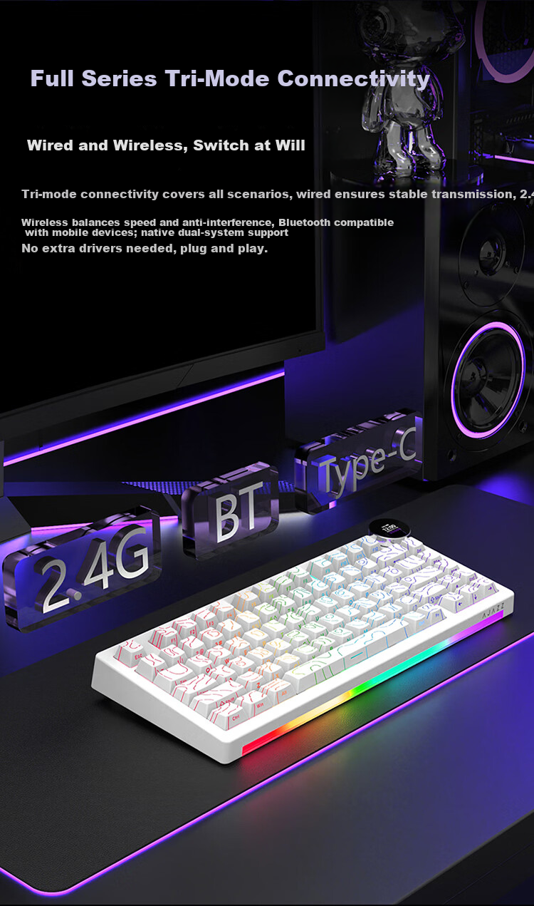AJAZZ AK820V2 Wireless Mechanical Keyboard Wired/2.4G/Bluetooth 81-Key Hot-Swappable Gasket Gaming 10000mAh Coconut Axis Original Black Gray Yellow 3
