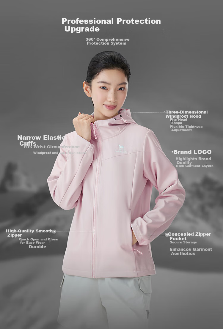 CAMEL Women's Outdoor Softshell Jacket Spring 2026 Fleece Lined Hooded Water-Repellent Tear-Resistant Anti-Static Hiking Mountaineering Coat 9012 6