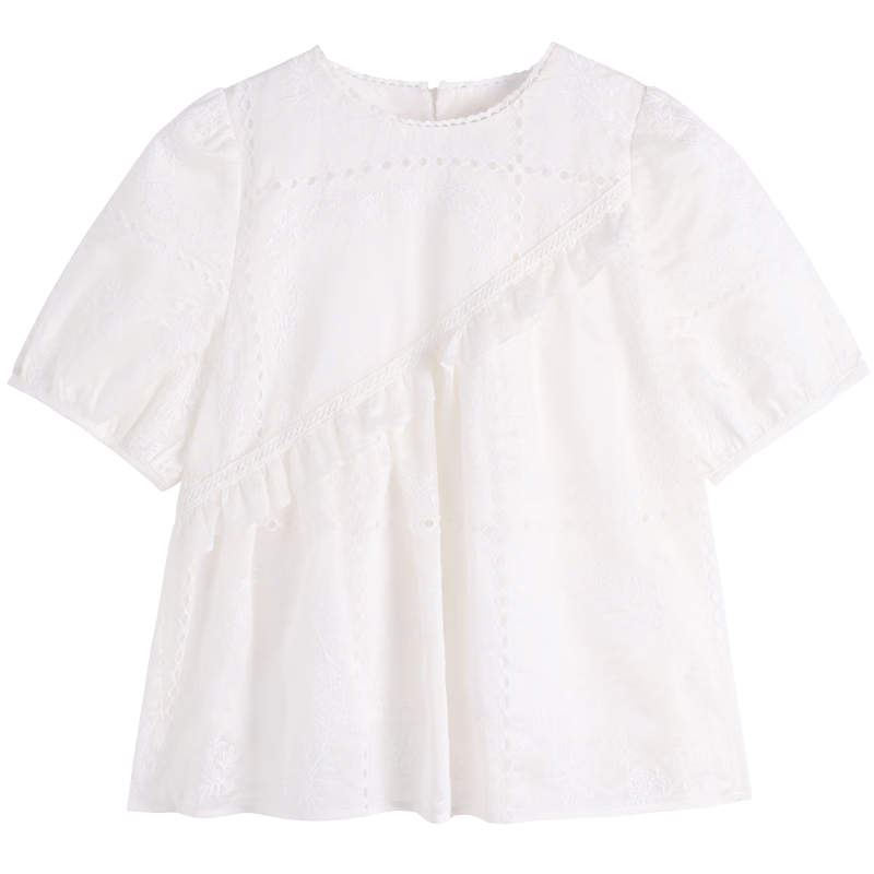 CHANZUIGOU Girls French Style Hollow Embroidered Top 2026 Summer New Breathable Short Sleeve Shirt