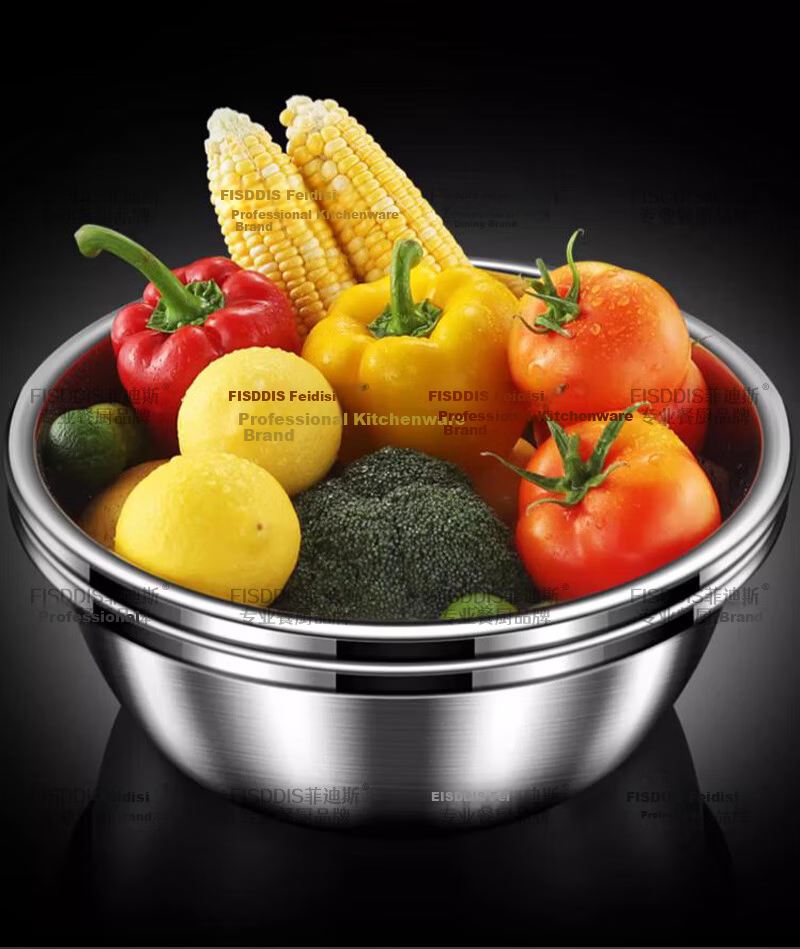 FISDDIS 304 Stainless Steel Bowl and Sieve 2-Piece Set Thick Soup Bowl Rice Washing Strainer Draining Basket 30cm Cooking Bowl LLPTZ-30 11