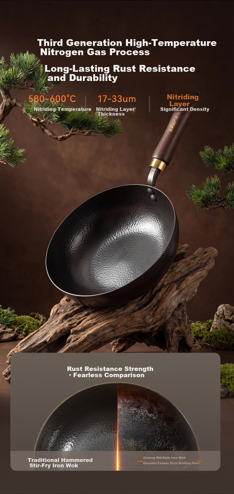 Bear Iron Wok Thickened Hammered Texture Healthy Non-Coated True Stainless Steel 30cm with Solid Wood Lid 2