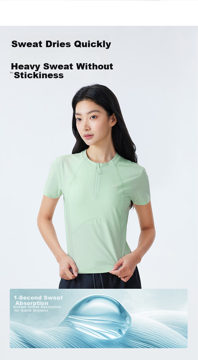 CAMEL Women's Outdoor Quick-Dry T-Shirt 26 Spring Summer Breathable Short Sleeve Cooling Sun Protection Half-Zip Sports Top 9017 6
