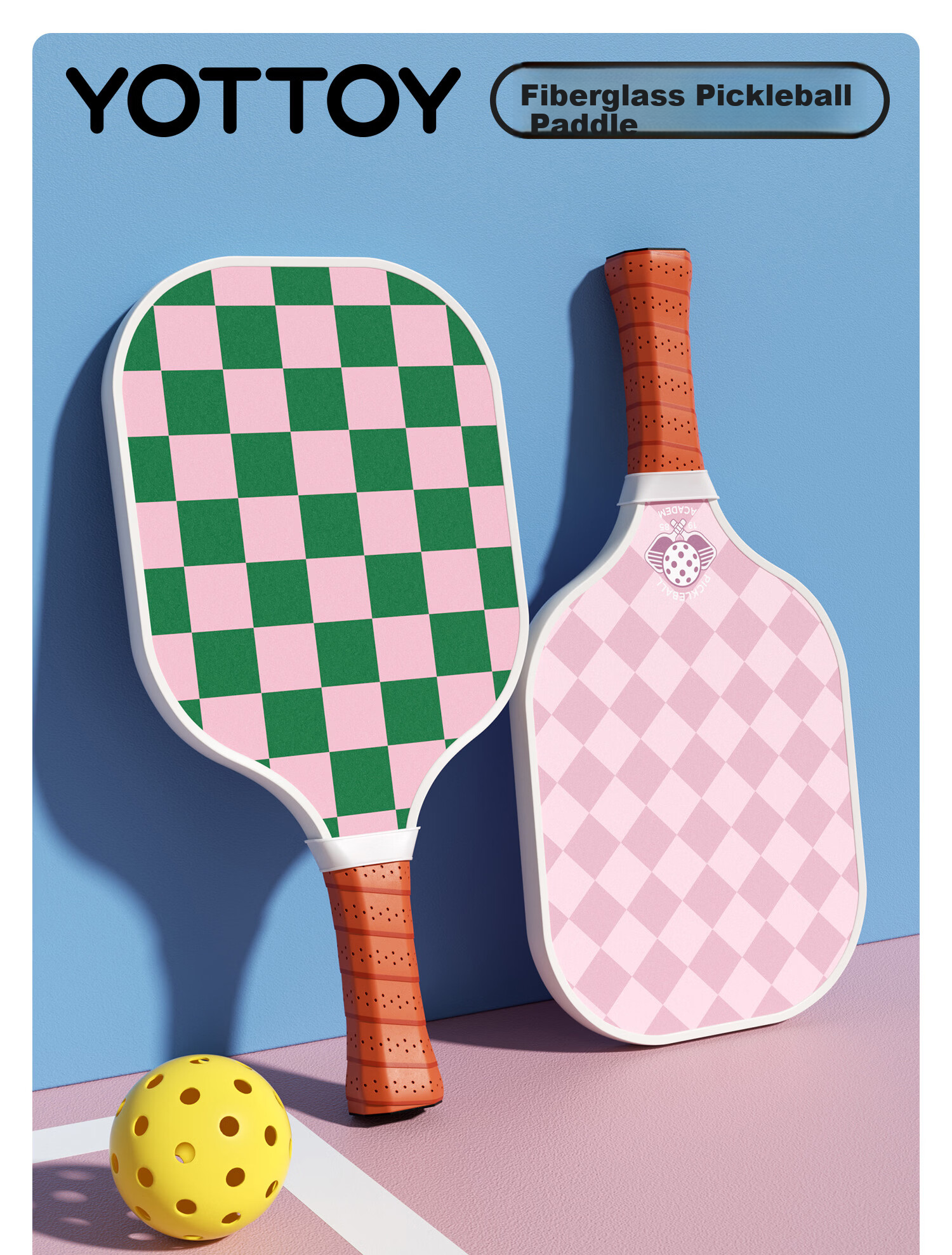 Yottoy Fiberglass Pickleball Paddle High-Quality Adult Student Training Professional Pickleball Paddle with Cover Pink+Green 1