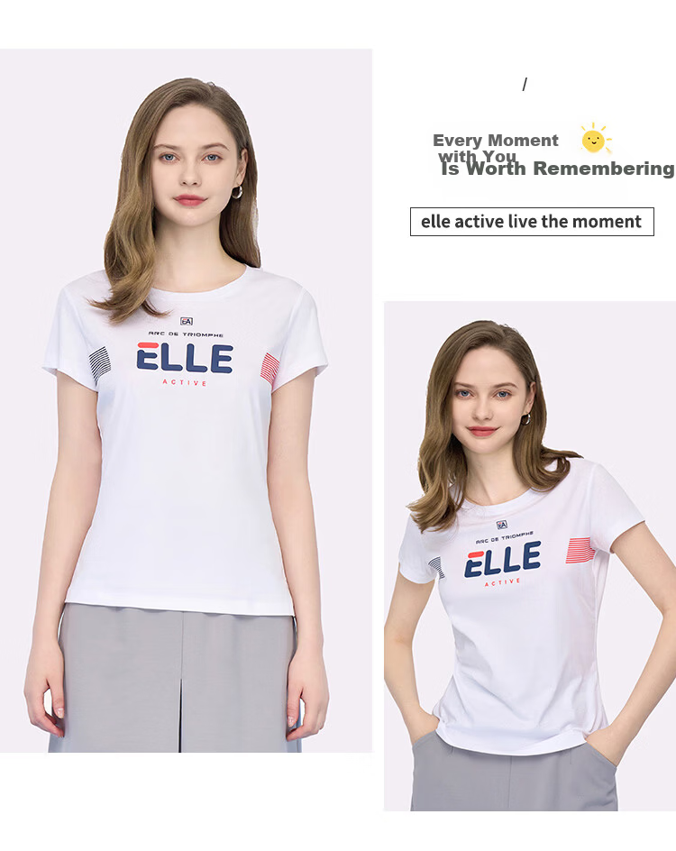 ELLE ACTIVE Women's Cotton T-Shirt Short Sleeve Simple Fashion Letter Print Casual Sports Round Neck Top Summer White S 8