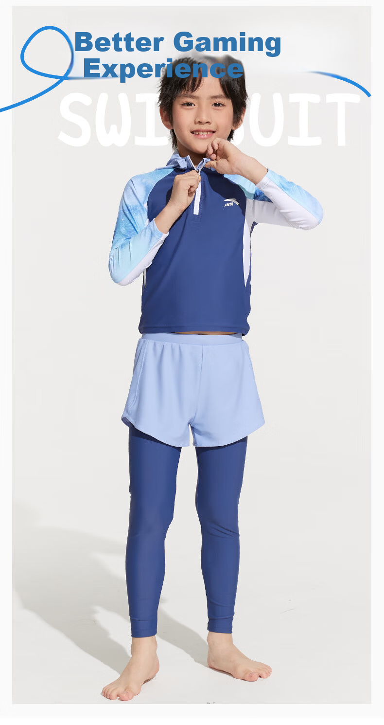 ANTA Children's Two-Piece Swimsuit, Quick-Drying Long Sleeve And Pants, Sun Protection with Hood, for Older Children And Teenagers, Suitable for Hot Springs And Swimming, Size 150 2