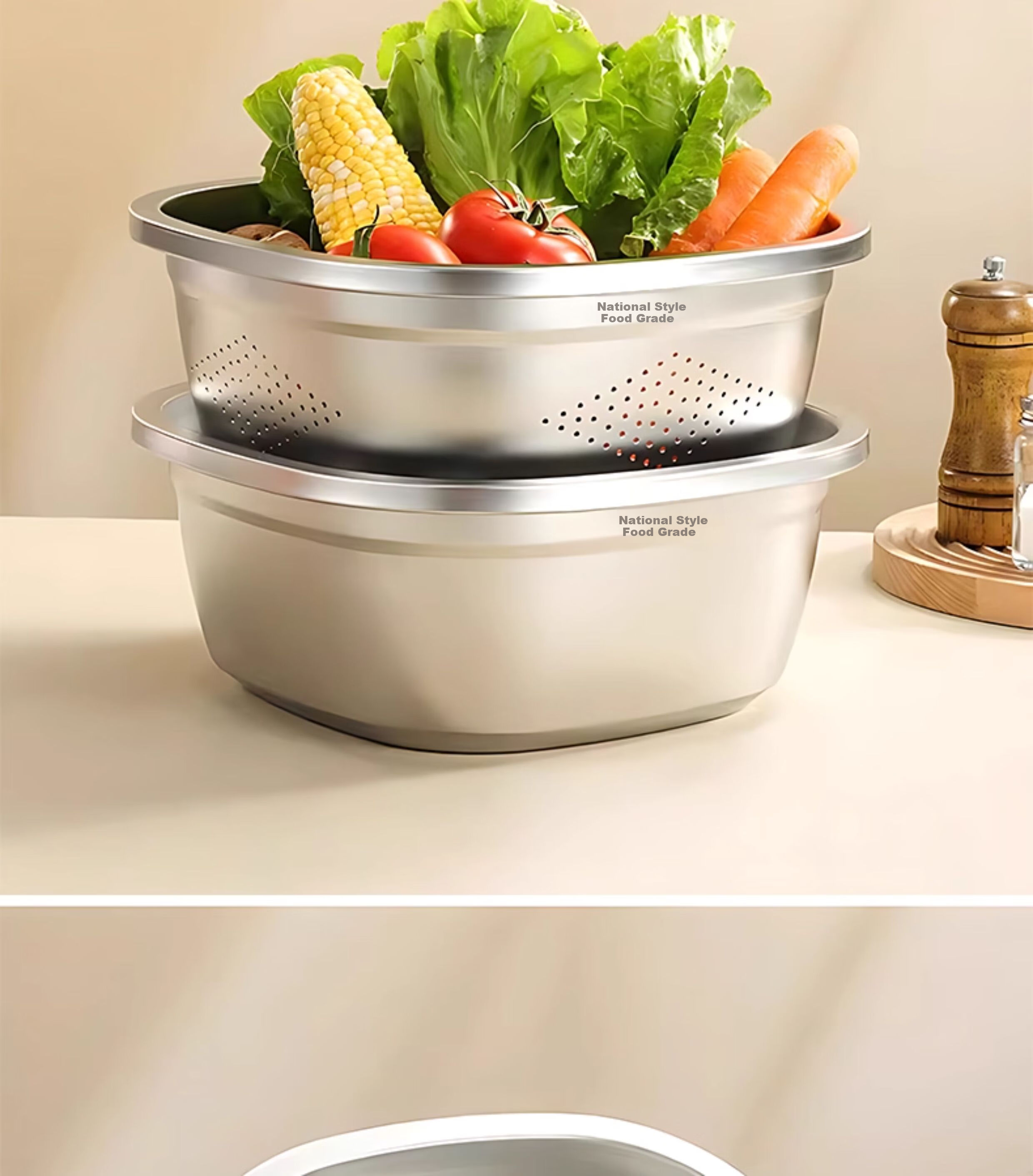 Guofeng Food-Grade Stainless Steel Square Kitchen Basin Rice Washing Bowl 26cm 18