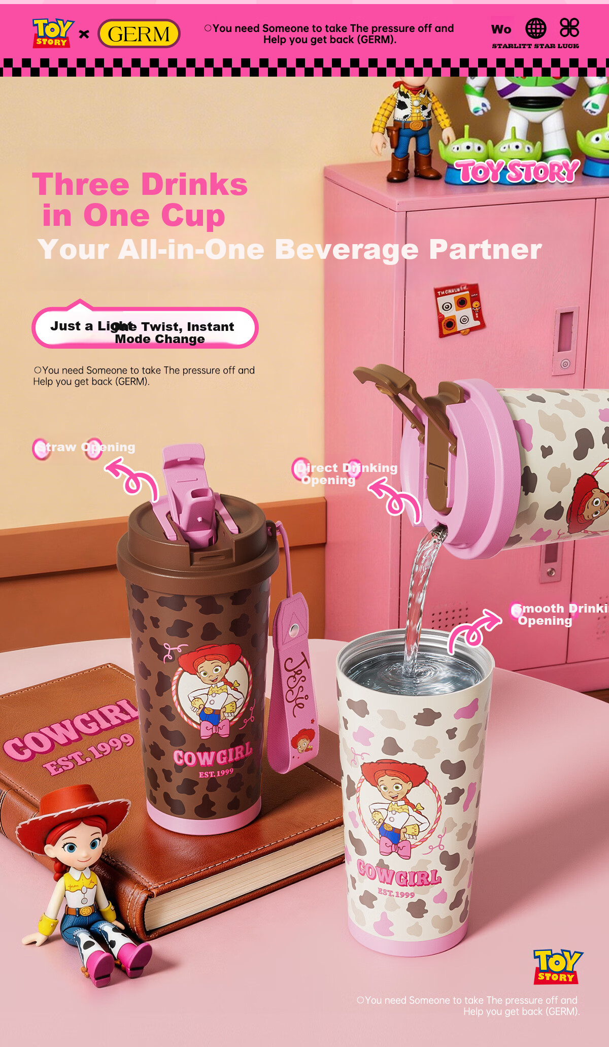 Germ Toy Story Kids Insulated Water Bottle with Straw, Dual-Use Coffee Cup, Portable 580ML, Tris Pink 4