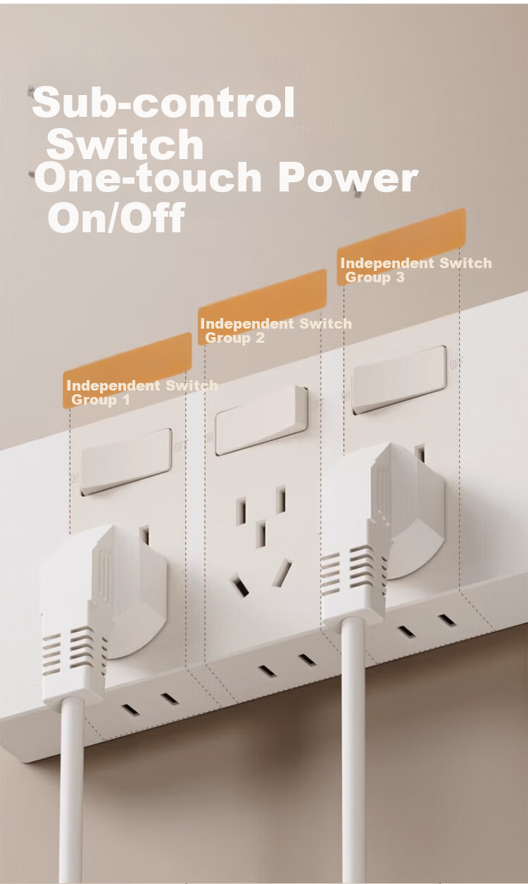 AUX Extension Power Strip with Cord Multi-Functional Bedroom Wall Mount Expansion Socket Kitchen Power Outlet Gray 7