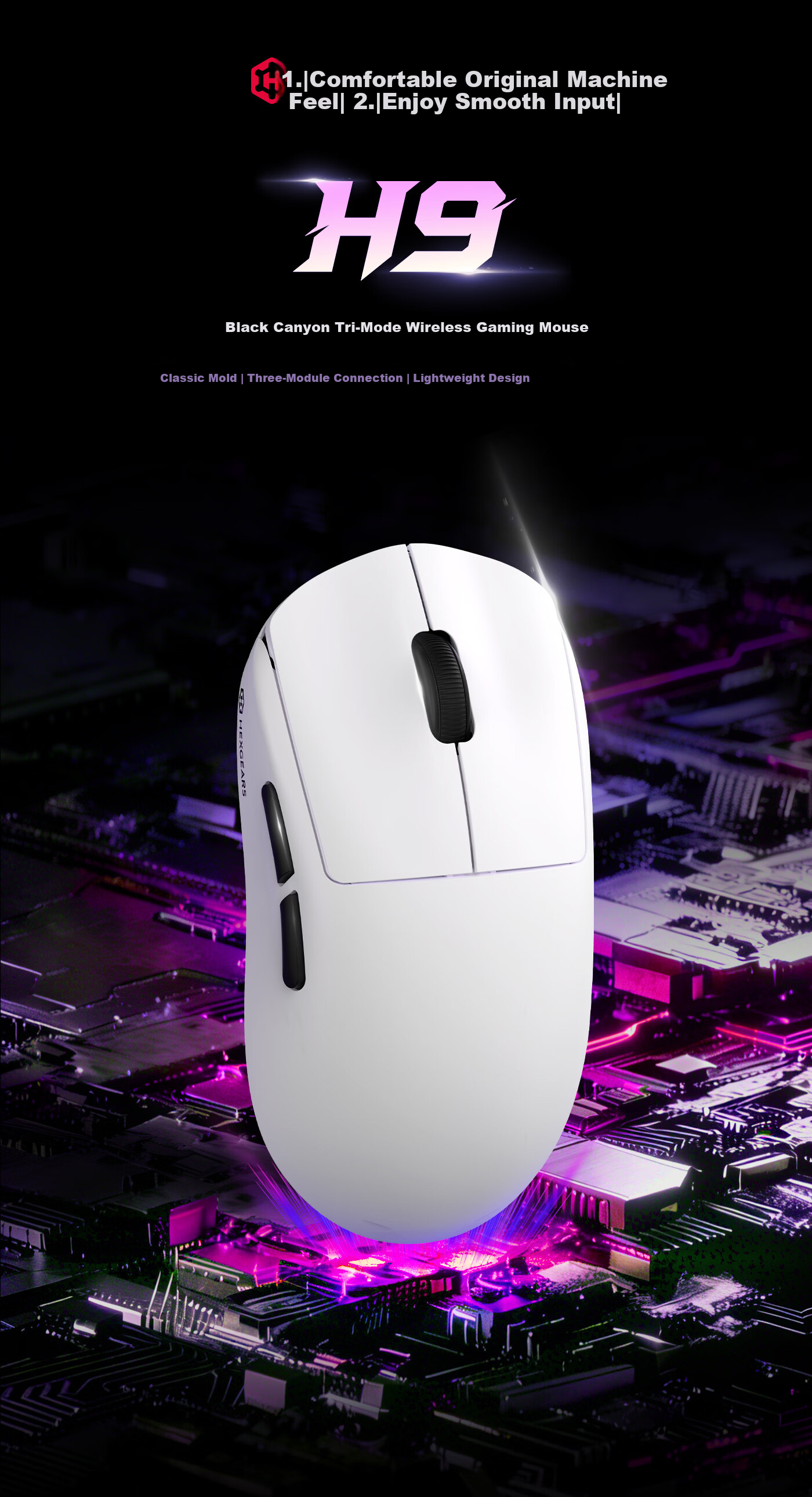 Hyeku H9 Wireless Mouse Gaming Office Lightweight Wired/2.4G/Bluetooth Tri-Mode Large Battery White 1