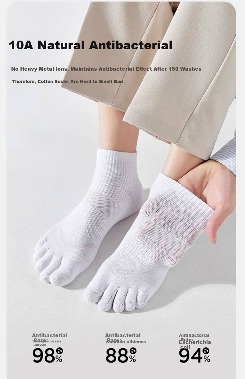 Yimian Men's Five-Toe Socks 100% Cotton 10A Antibacterial Odor-Resistant Short Socks Summer Thin Mesh Breathable Toe-Separated Ankle Socks 8