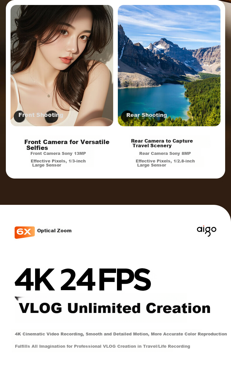 Aigo T600 Optical Zoom Retractable Lens Dual Camera Selfie Student Digital Camera Gift for Girls, Entry-Level Mirrorless Vlog Campus Alternative CCD, Silver White Color, 32GB 7