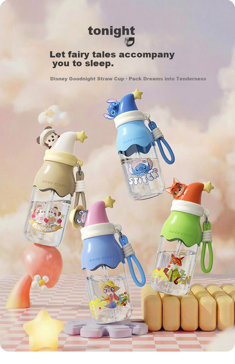 Disney Straw Cup Children's Water Bottle Summer Plastic Cup Student Ladies High-Value Portable High-Temperature Resistant 600mL Mickey 1