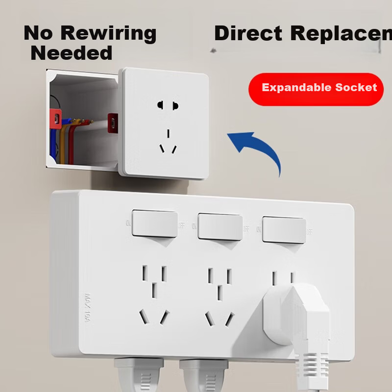 AUX Extension Power Strip with Cord Multi-Functional Bedroom Wall Mount Expansion Socket Kitchen Power Outlet Gray