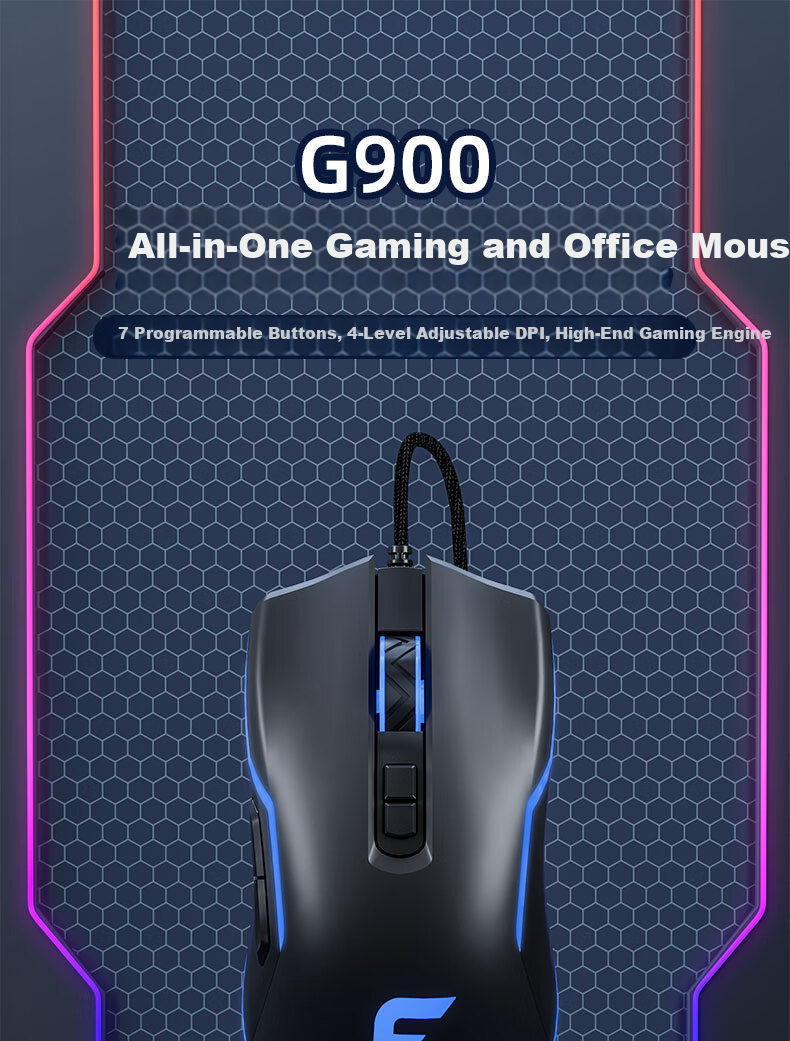 Founder Seven-Color Mixed Light Wired Gaming Mouse 4-Level Up to 7200DPI Esports-Grade Chip Gaming Office Mouse Universal for PC Laptop G900 Black 1