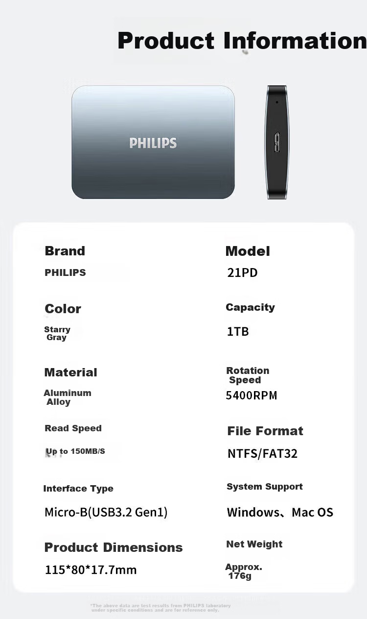 PHILIPS 1TB Dual-Engine Portable Hard Drive USB 3.2 Gen 1 High-Speed Large Capacity 21PD Series 2.5-inch External Mechanical Hard Drive Compatible with Mac Office Storage 5