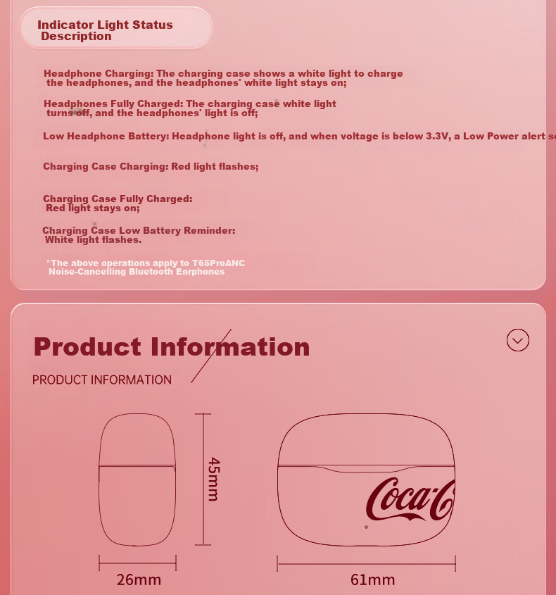Coca-Cola T65Pro Noise-Cancelling Bluetooth Earphones 2026 Latest Model | Panoramic Sound | In-Ear Active Noise Cancelling Wireless Earbuds with Long Battery Life for Apple Huawei Xiaomi Phones 8