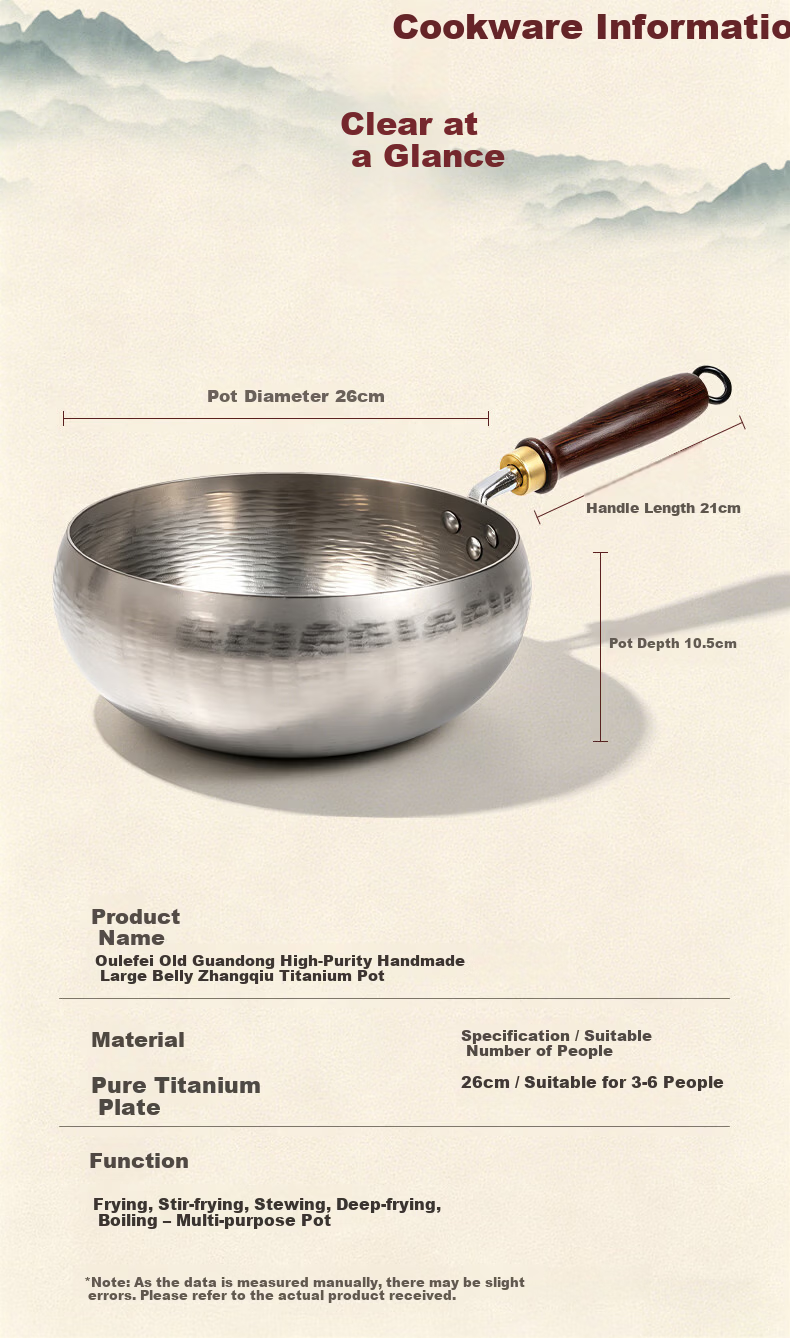 OLOFE Large Belly Pot Zhangqiu Handmade Forged Pure Titanium Small Frying Pan Old Guandong Non-Coated Non-Stick Titanium Wok 26cm 12