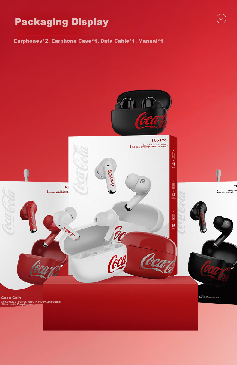 Coca-Cola T65Pro Noise-Cancelling Bluetooth Earphones 2026 Latest Model | Panoramic Sound | In-Ear Active Noise Cancelling Wireless Earbuds with Long Battery Life for Apple Huawei Xiaomi Phones 9