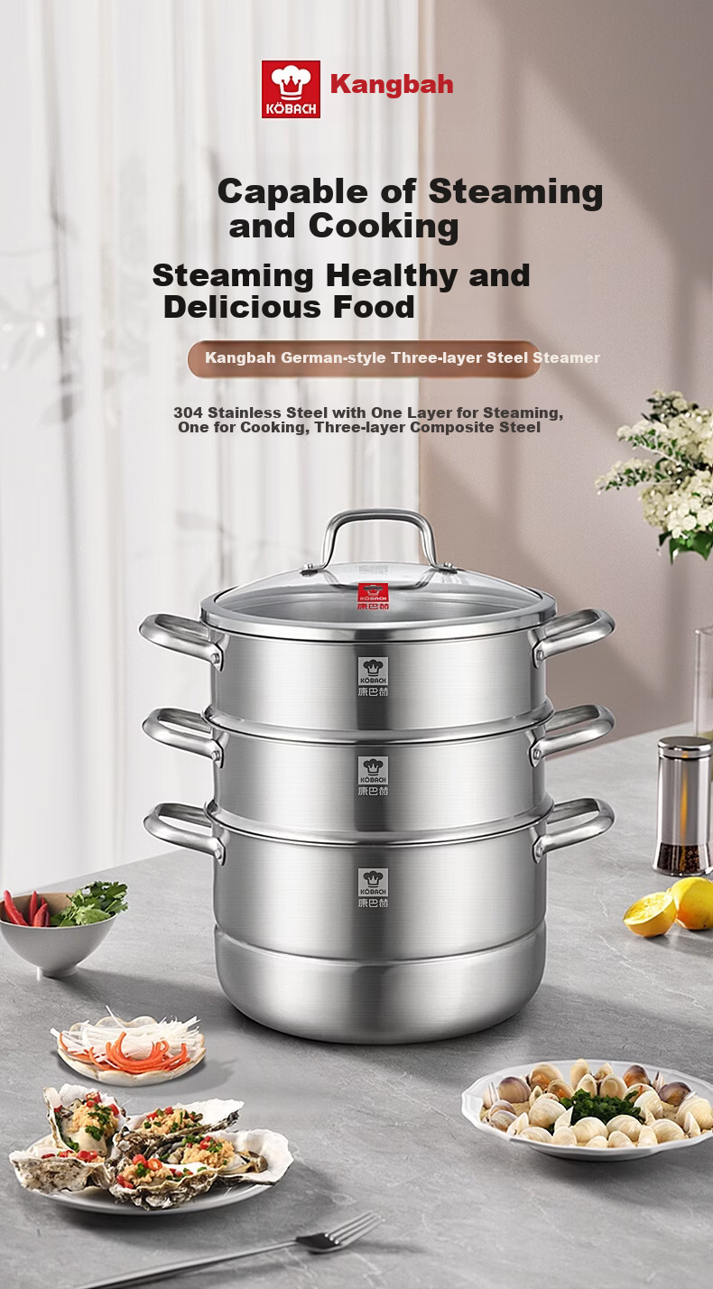 KOBACH German Style 3-Layer 32cm Thickened 304 Stainless Steel Steamer Pot Compatible with Induction and Gas Stoves 2