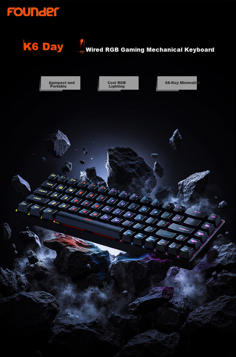 Founder K68 Wired Mechanical Gaming Keyboard RGB Backlit Portable Mechanical Keyboard Computer Tablet Peripheral Keyboard Office Typing E-sports Gaming Keyboard Red Switch 1