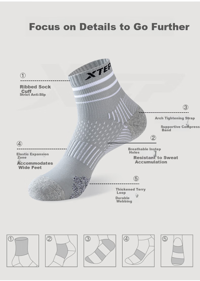 XTEP Men's Mid-Calf Sports Hiking Socks Comfortable Non-Slip Antibacterial Sweat-Absorbing Breathable Running Mountaineering Socks 7