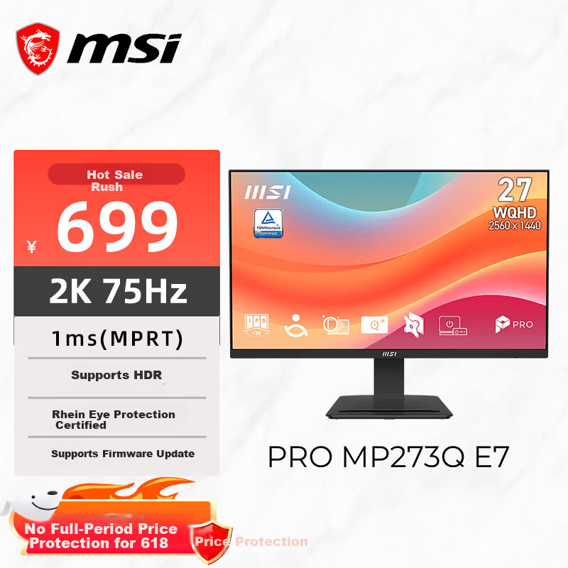 MSI PRO MP273Q E7 27-inch 2K 75Hz Monitor HDR Certified Rheinland Eye Care IPS Panel Home Gaming Office Eye Protection Display