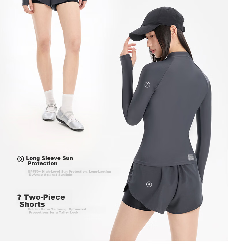 LI-NING Women's Premium 2026 New Split Long Sleeve Boxer Two-Piece Swimsuit Set Swimming Gear 1521 Black XL 5