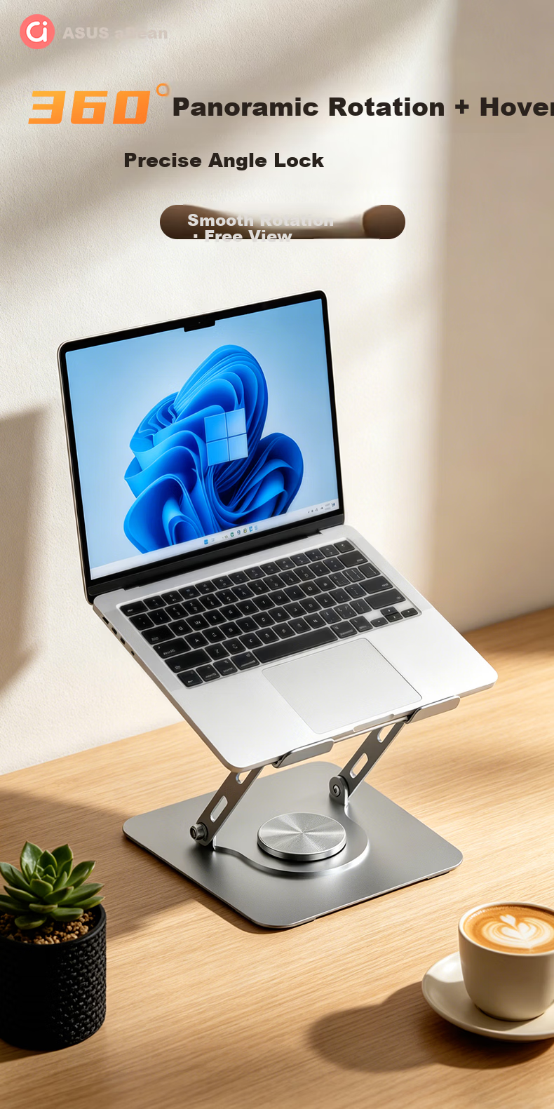 ASUS Laptop Stand, 360° Rotating Computer Stand, Infinite Height Adjustment, Foldable, Dual-Axis Adjustable Cooling Riser, Suitable for ASUS, Xiaodou/Xiaomi/Lenovo AR1 Pro 1