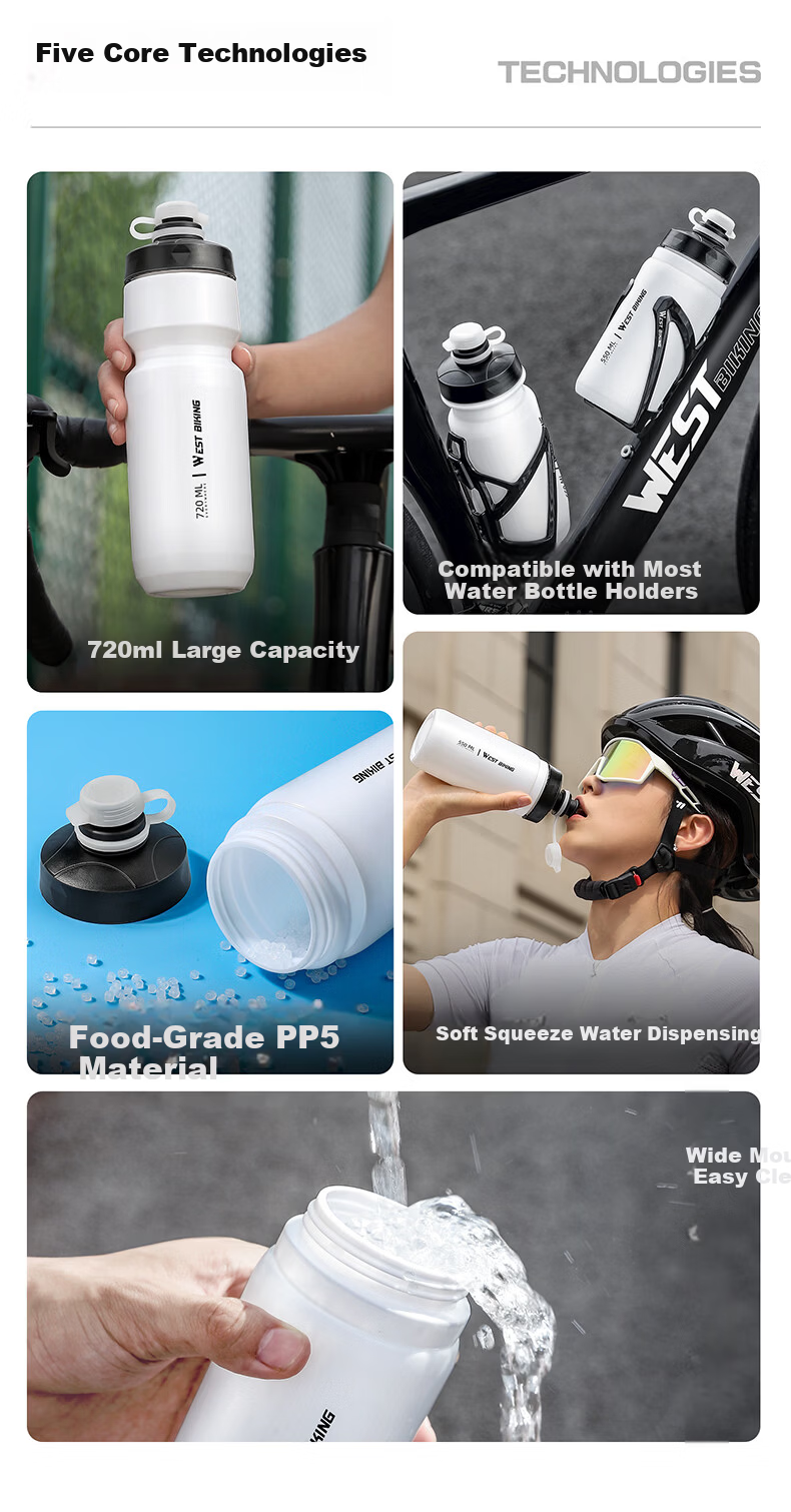 WestBiking Cycling Water Bottle Squeeze Leak-Proof Road Mountain Bike Portable Bicycle Water Bottle White 720ML 2