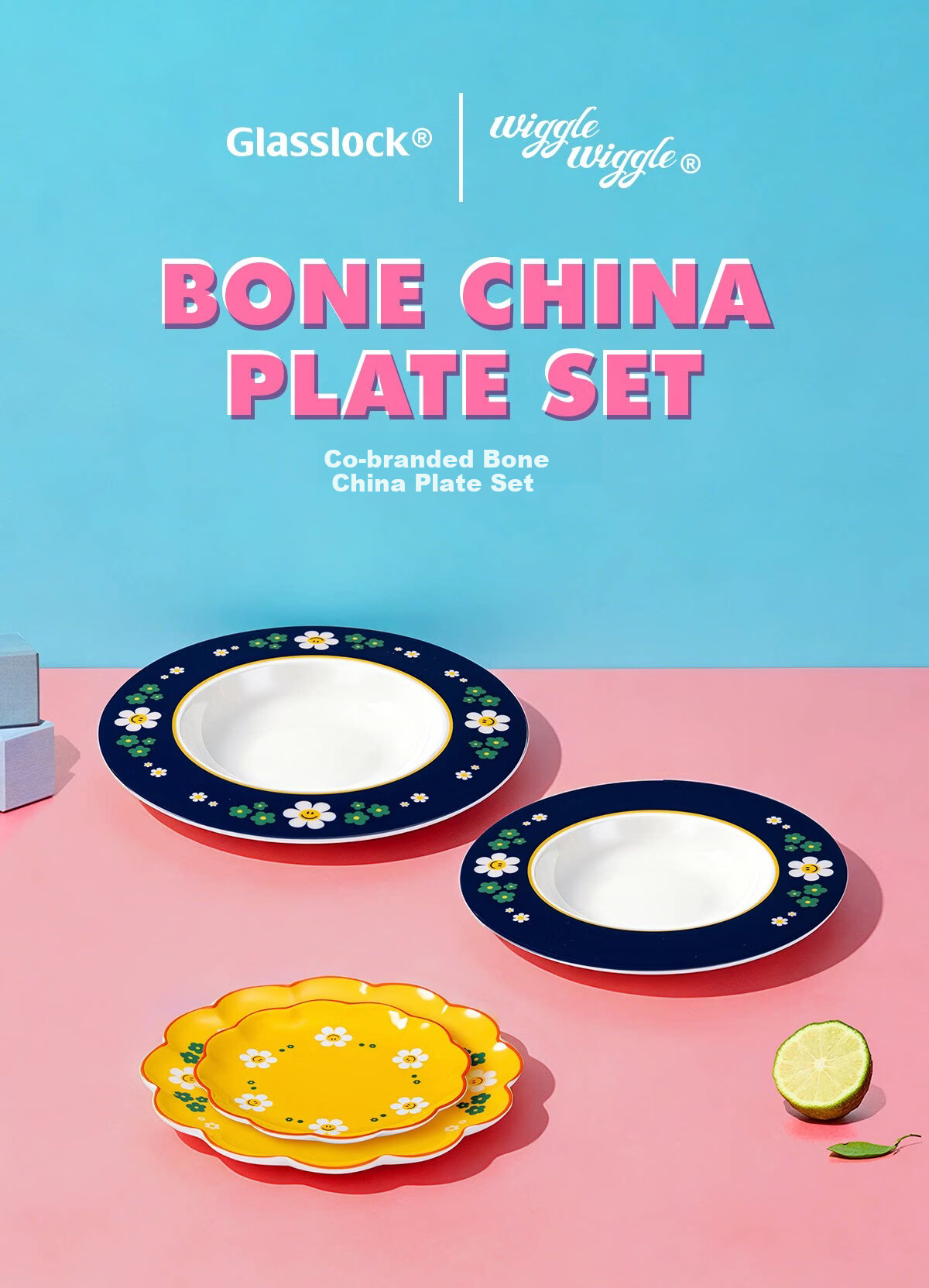 GLASSLOCK & wigglewiggle Co-branded Bone China Cartoon Edge High-Value Microwave and Oven Safe Dinner Plate Gift Box Set 1
