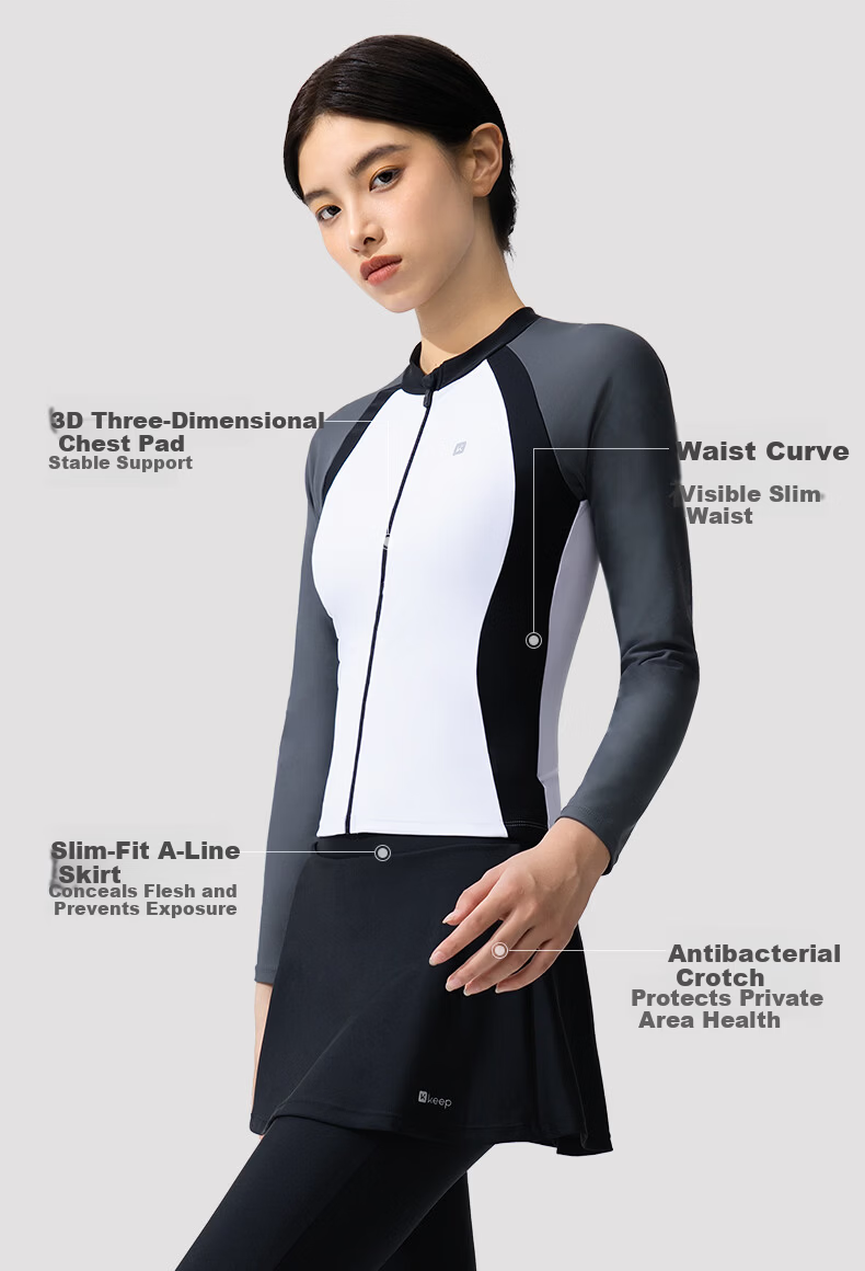 Keep Women's Two-Piece Long Sleeve Long Pants Swimwear Sun Protection Quick-Dry Rash Guard for Snorkeling Surfing Gray White L 3