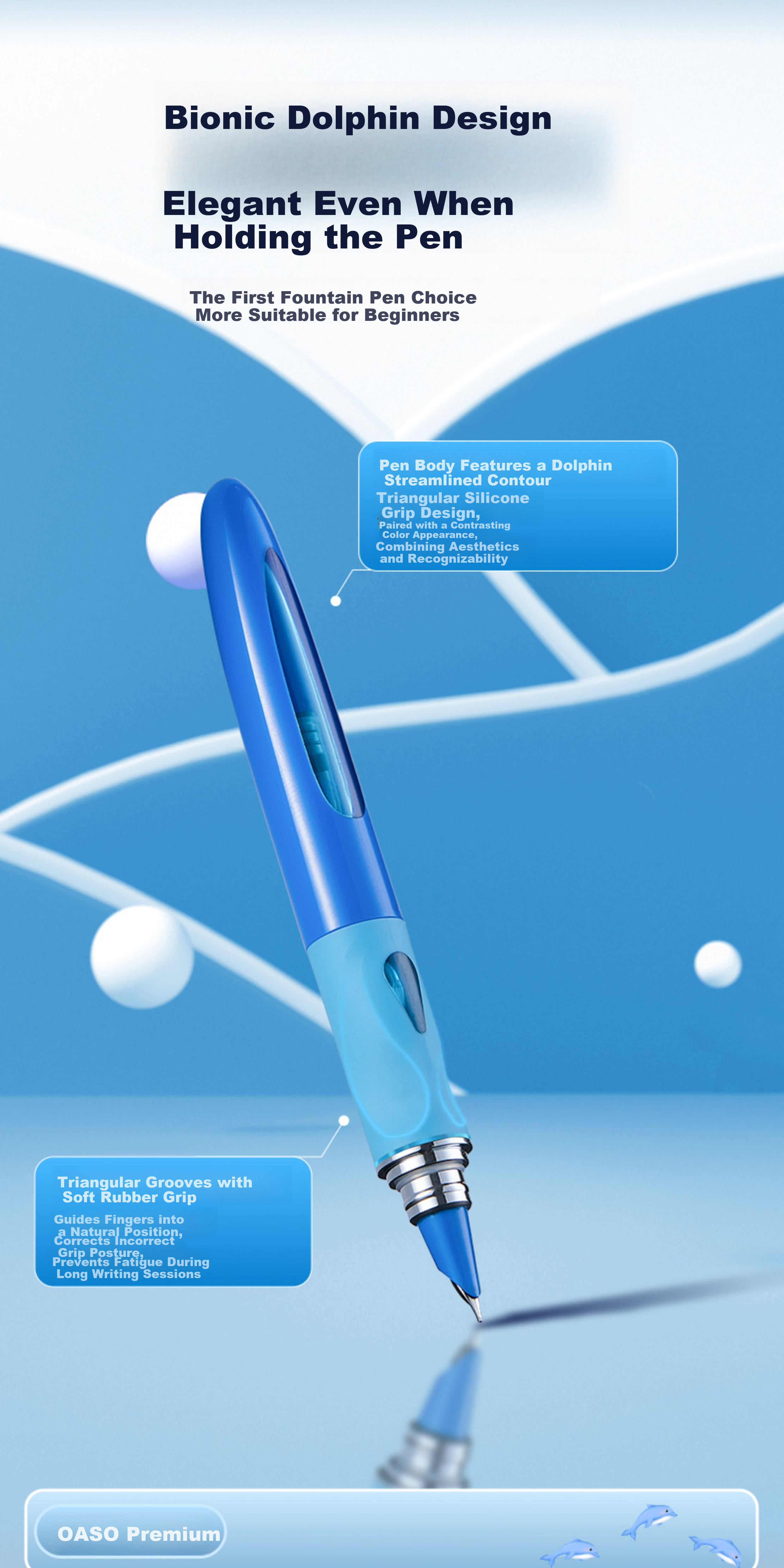 Youshang OASO K066 Dolphin Low Center of Gravity Fountain Pen Stable Writing Posture Refillable Ink Cartridge Deep Sea Black for 3rd-4th Grade Students Beginner 4