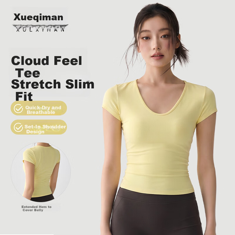 Xueqiman Summer Women's Yoga Short Sleeve Thin Quick-Dry High Elastic Slimming Pilates Training Fitness T-Shirt