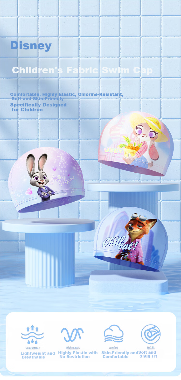 Disney Zootopia Kids Swim Cap Breathable Comfortable Ear-Protective Fabric Swim Cap D76012S Pink Judy 1