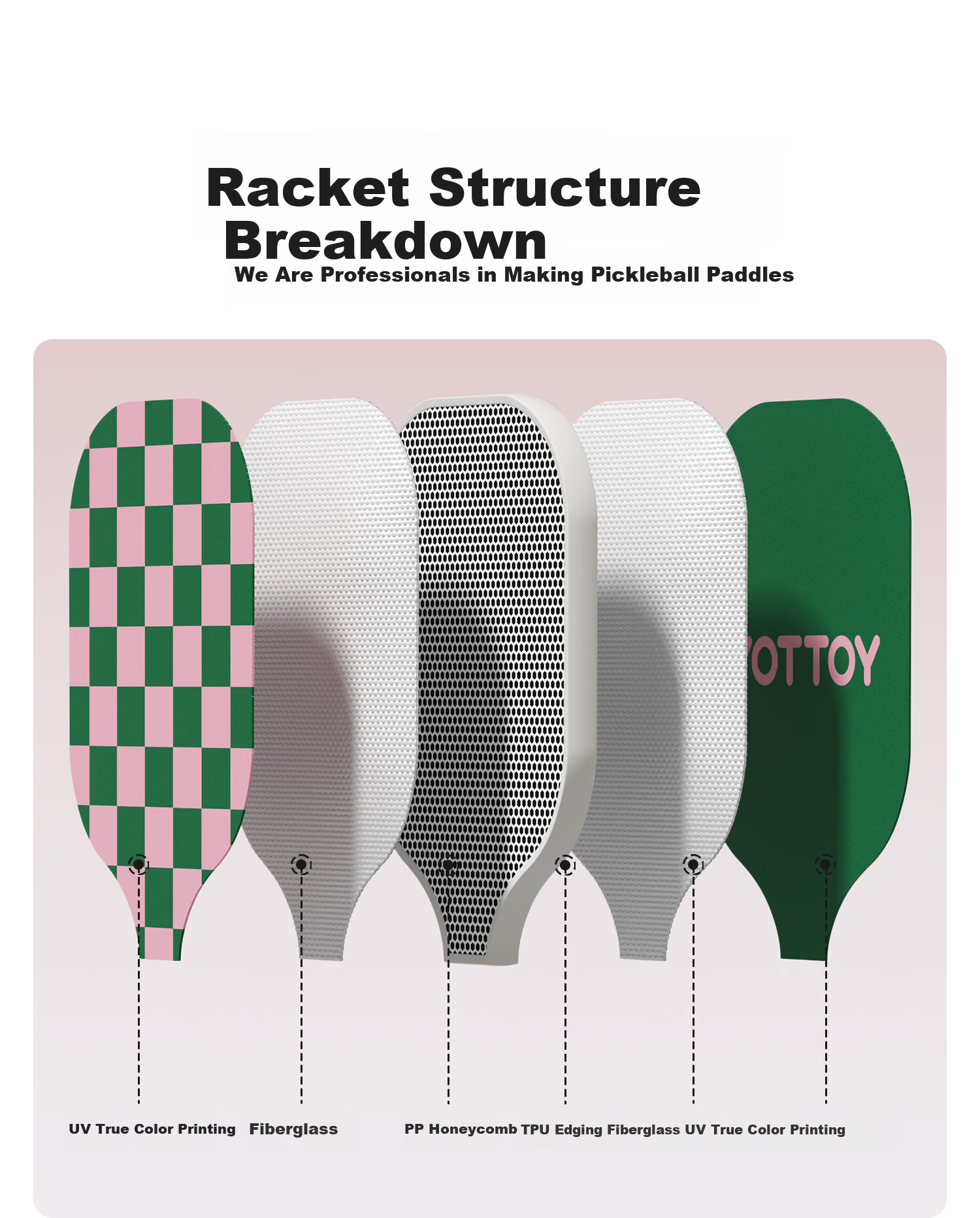 Yottoy Fiberglass Pickleball Paddle High-Quality Adult Student Training Professional Pickleball Paddle with Cover Pink+Green 6