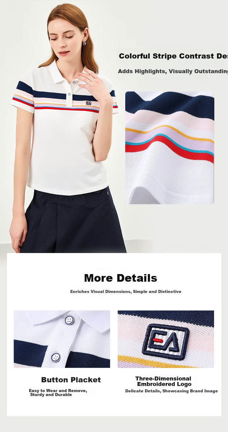 ELLE ACTIVE Fashion Color-Block Striped Polo Shirt Women Short Sleeve Casual Sports T-Shirt Summer Vibrant Collared Top White L 3