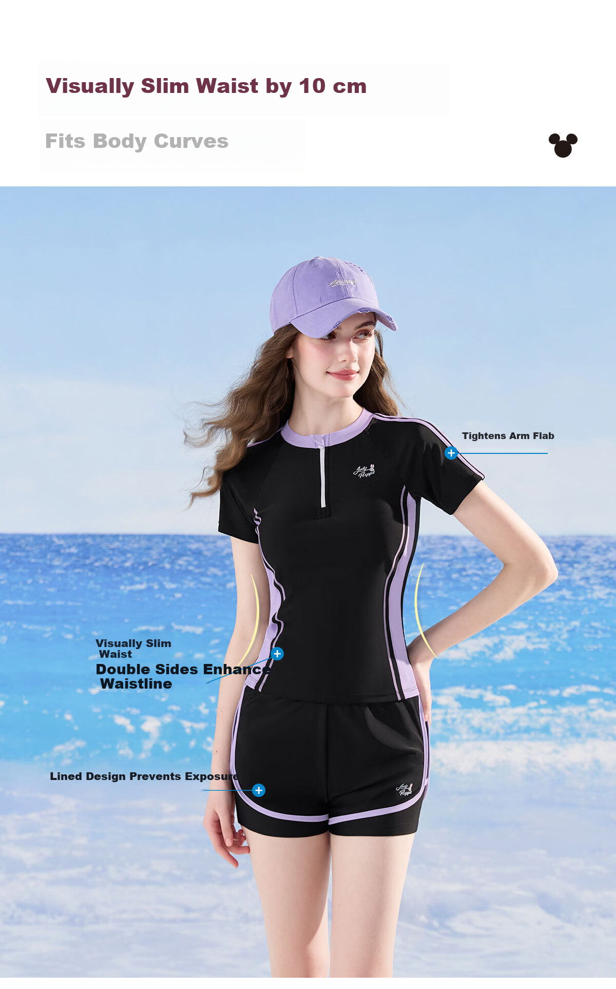 Disney Women's Two-Piece Swimsuit Set Beach Vacation Sun Protection Slimming Tummy Control Swimwear D16019S2G Black 2XL 4