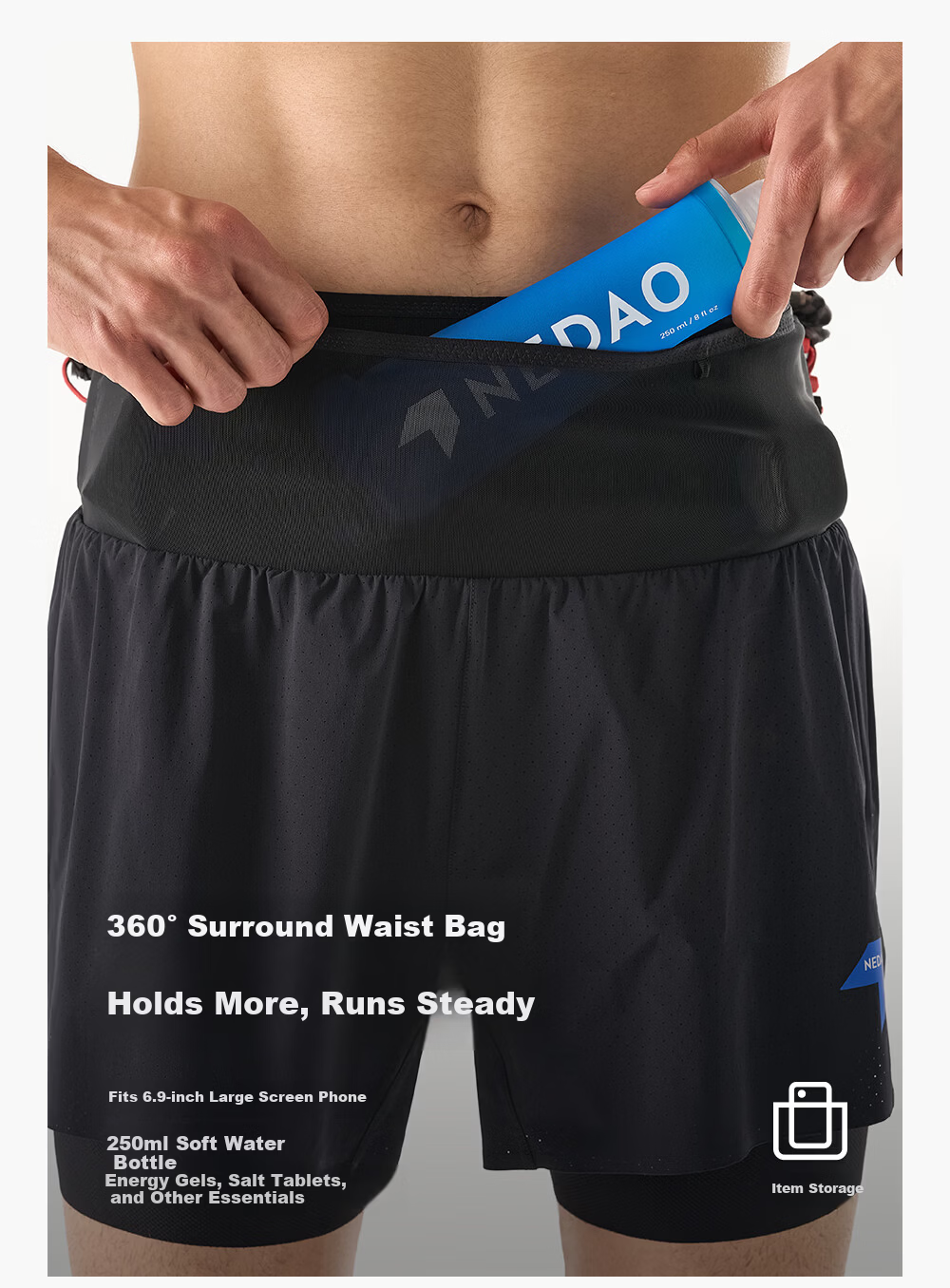 NEDAO 3-in-1 Storage Running Shorts for Men with Waist Bag, Inner Lining, and Pole Holder, Trail Running Sports Pants 3