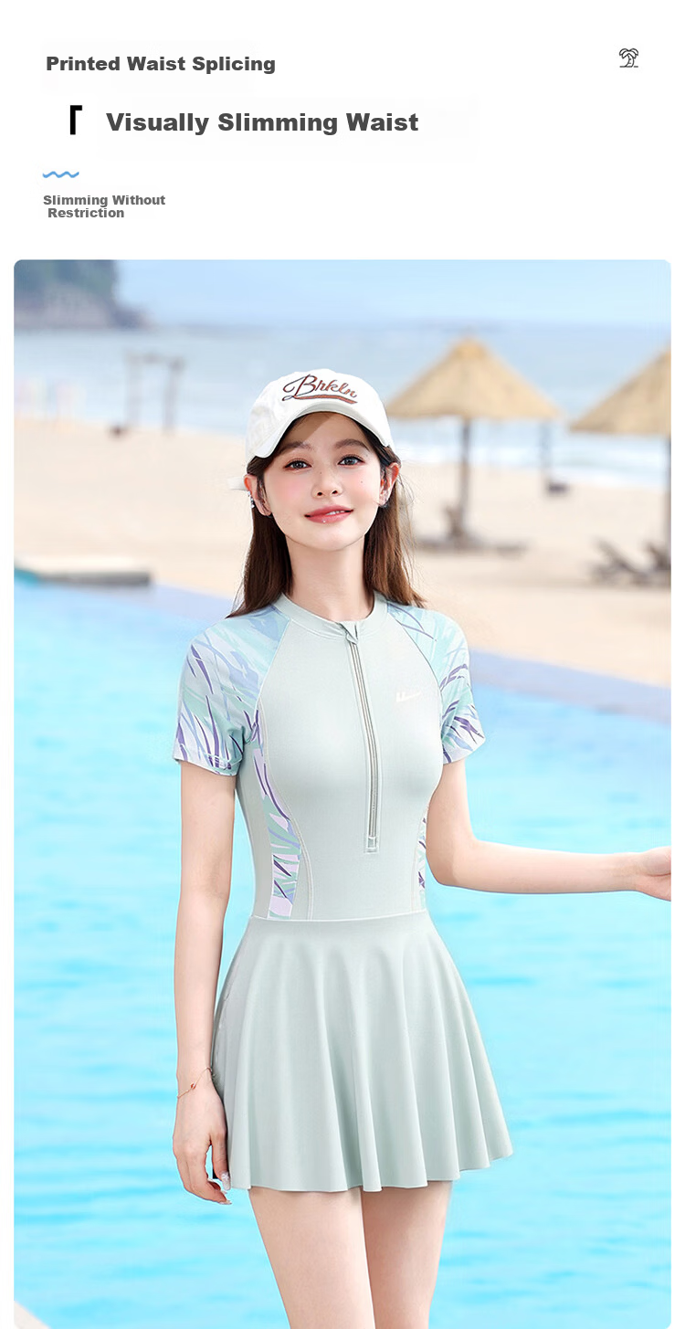 Warrior Women's One-Piece Skirted Swimsuit Conservative Slimming Sun-Protective Spa Swimwear 16137H1I Green M 1
