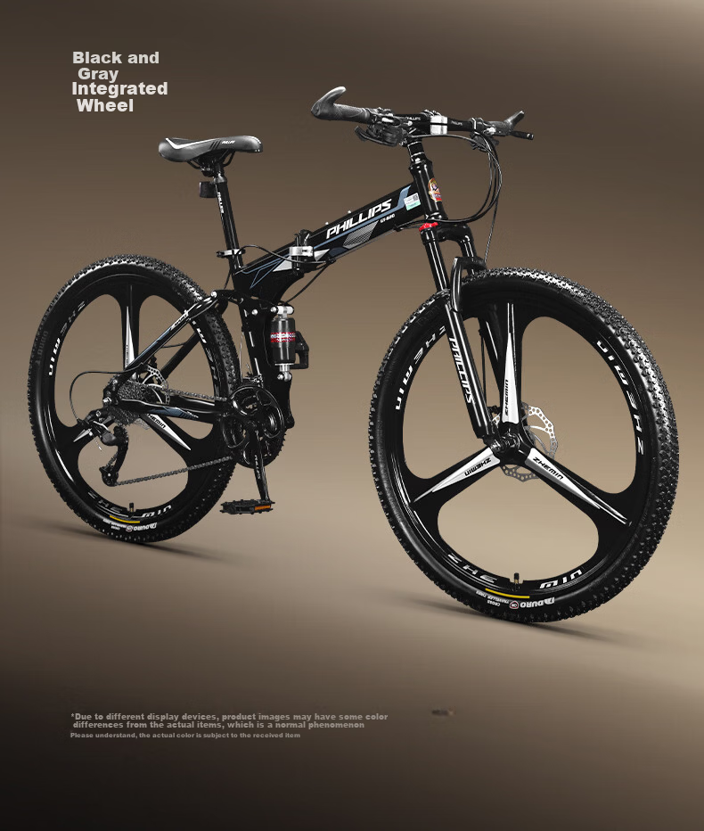 PHILLIPS Folding Mountain Bike Adult Men Women Racing 26-inch 24-Speed Commuter Bicycle Black Gray 14