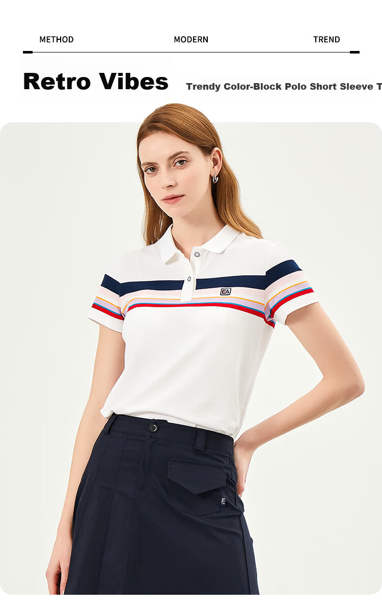ELLE ACTIVE Fashion Color-Block Striped Polo Shirt Women Short Sleeve Casual Sports T-Shirt Summer Vibrant Collared Top White L 1