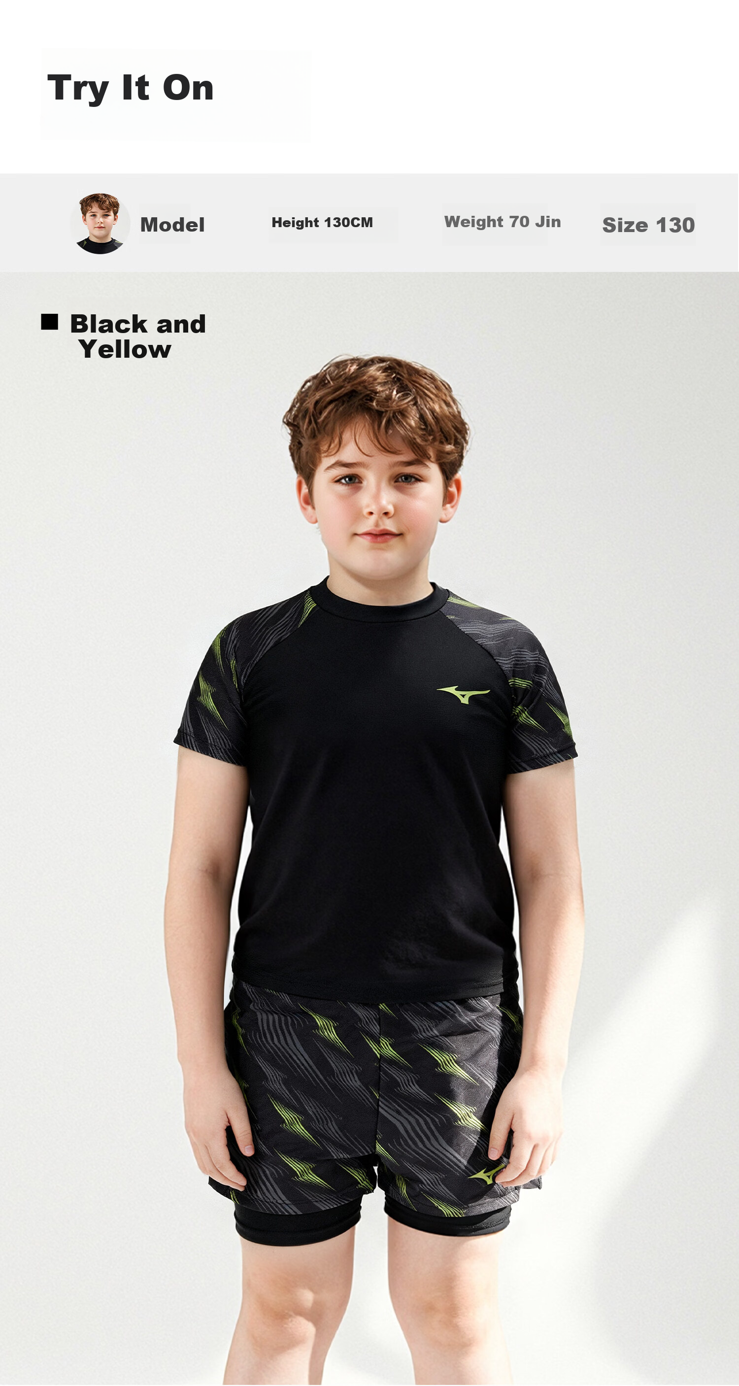 MIZUNO Kids Boys Two-Piece Quick-Dry Baby Beginner Surfing Swimsuit Sun Protection Swimming Gear GC412 Black Yellow 120 14