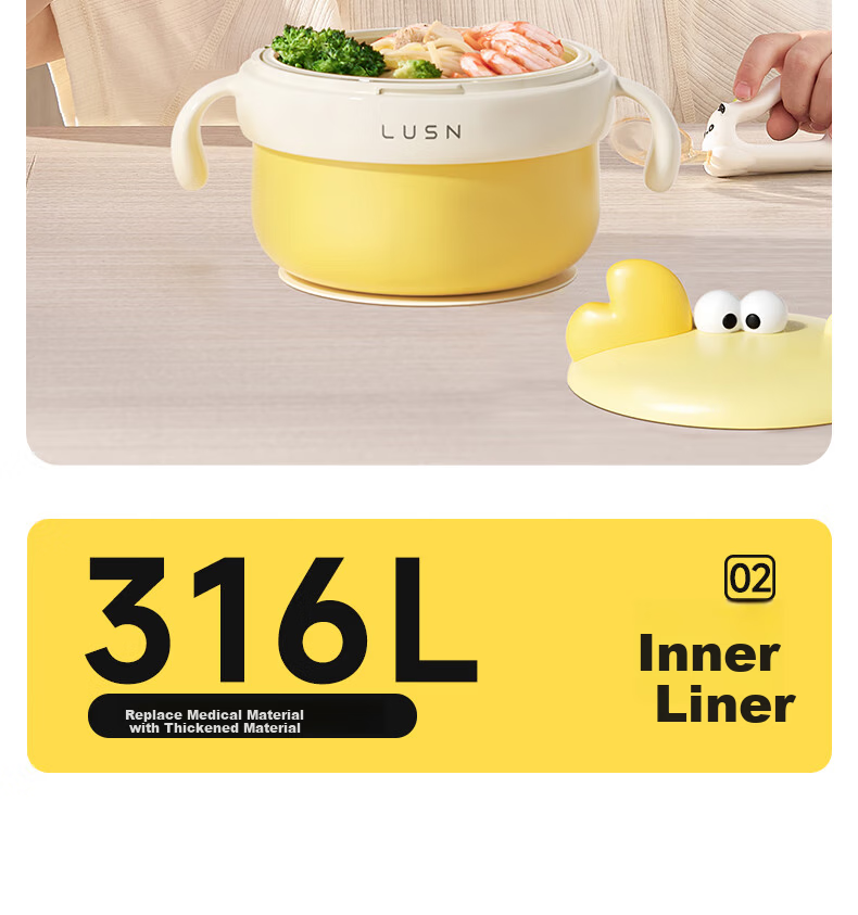 LUSN Stainless Steel Baby Feeding Bowl Anti-Drop Temperature-Controlled Children's Tableware Insulated Water-Filled Lunch Box 6
