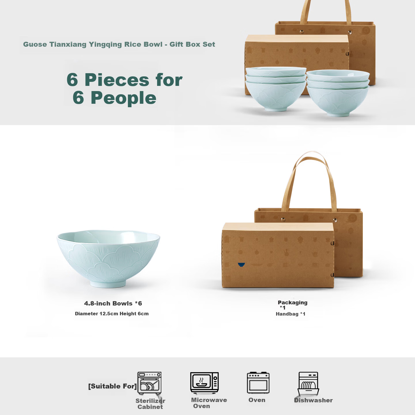 Blue Seal Oriental Jingdezhen Ceramic Dinnerware Set High-Temperature Yingqing Underglaze Carved Bowl Set 6-Piece Gift Box