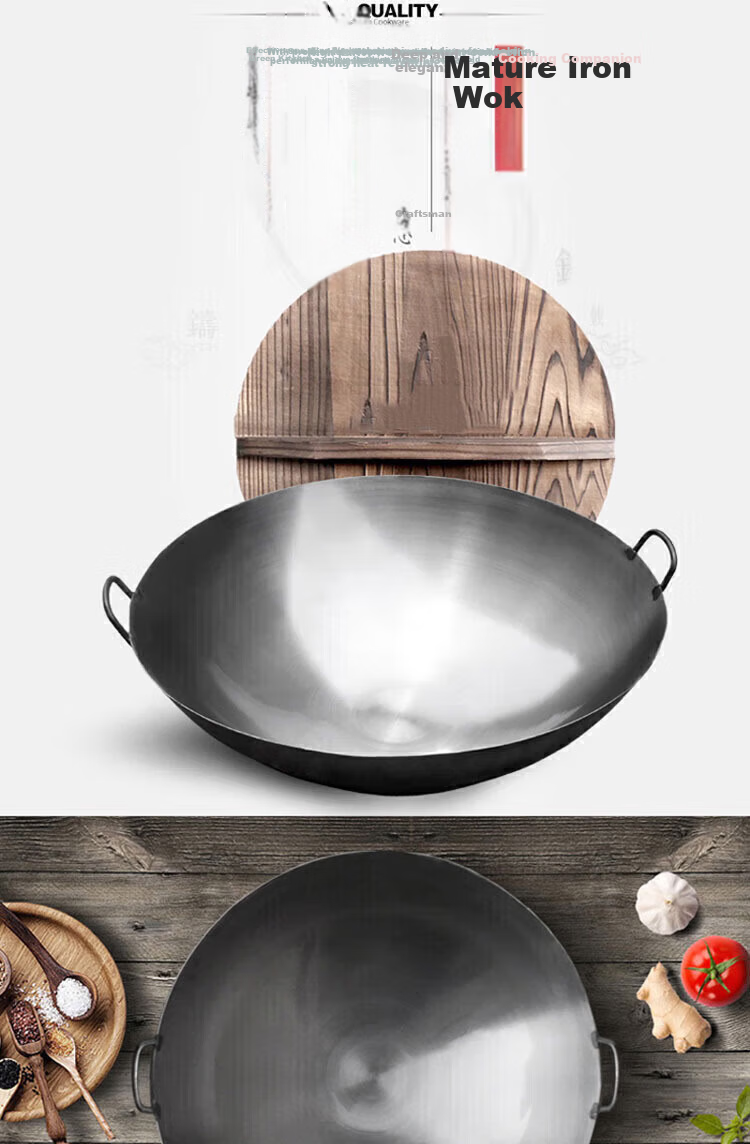 Jingqingfu Pure Iron Wok Double-Handle Iron Pan Commercial Cast Iron Traditional Uncoated Large Iron Wok 45CM (Jingcang) 1